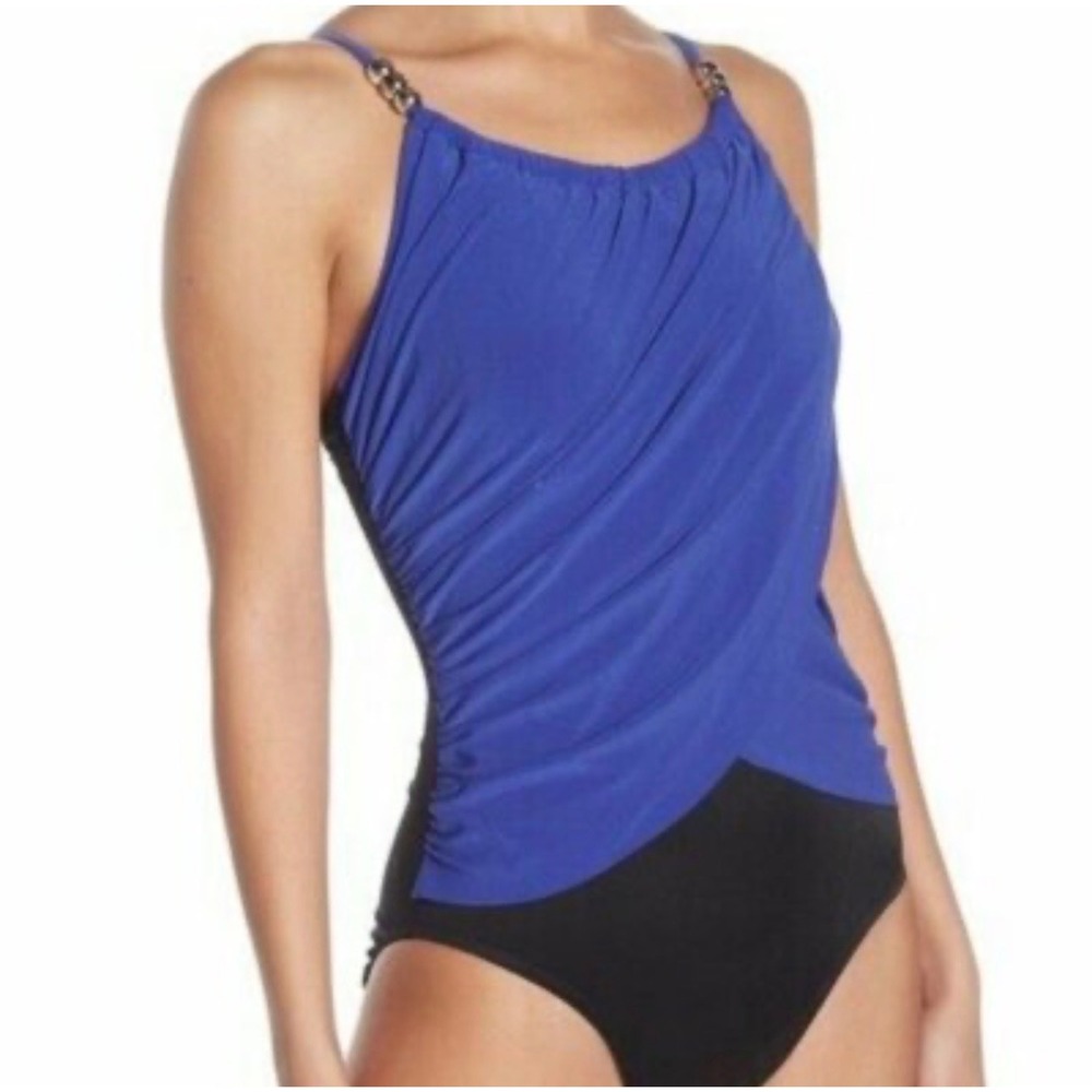 Magicsuit Lisa Blue Black Draped One Piece Swimsuit Sz12 Beaded Straps slimming